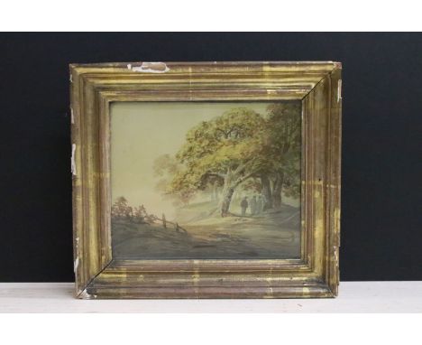 19th century English school, portrait of figures in a wooded area, watercolour, 17 x 20cm, gilt framed and glazed