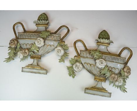 Pair of 20th century metal wall decorations of 2D planter jardiniere urns with flower garlands, H 47.5cm