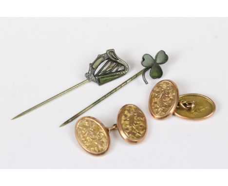 A pair of hallmarked 9ct gold gents cufflinks together with two Irish silver stick pins. 