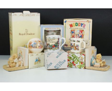 Royal Doulton Bunnykins two piece cereal bowl and mug together with a money ball, Wedgwood Peter Rabbit christening mug and m