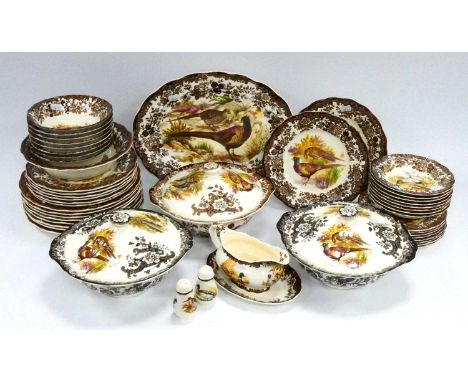 Royal Worcester Palissy 'Game Birds' Dinner Service, comprising eight each dinner plates, tea plates, side plates, pudding bo
