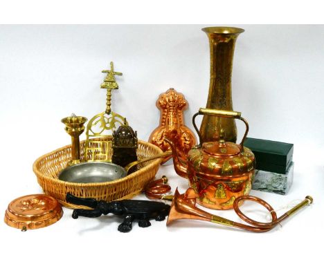 Smith Brass Lantern Style clock, copper kettle, brass windmill trivet, copper horns, other metalware. Rolex box:- One Box.