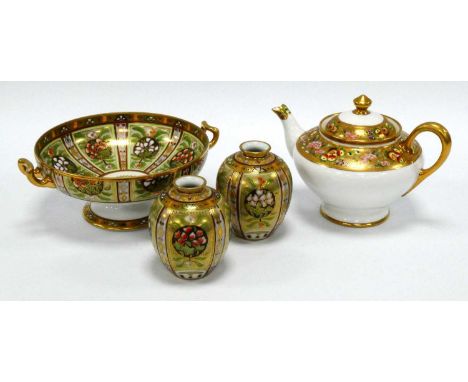 Noritake Tea-Pot, with gilt and floral bands, Noritake twin handled bowl and a pair of Noritake vases:- One Tray.