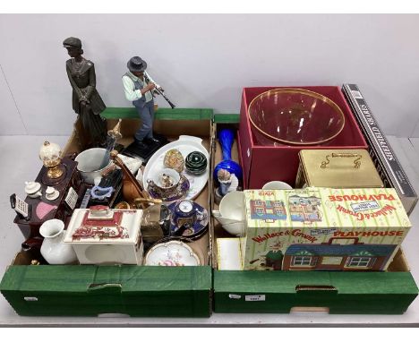 Masons Red Mandalay clock, Royal Copenhagen figure of a boy playing accordion, three musical novelty teapots, large figures o