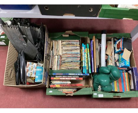 Ladybird Books, Star Wars mirror, boxing gloves, etc, Commando War stories, Battle annuals, plus Scalextric track, etc:- Thre
