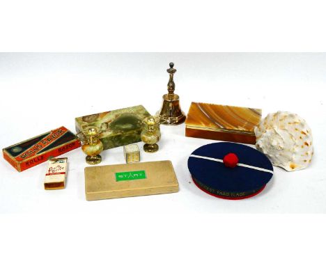 Onyx Desk Boxes, 18cm wide (x 2), Paris powder box as a beret, start geometry set, conch sell, etc:- One Tray.