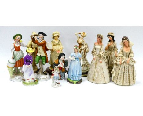 Three Capodimonte Salvatini Figures, other porcelain and resin figurines:- One Tray.
