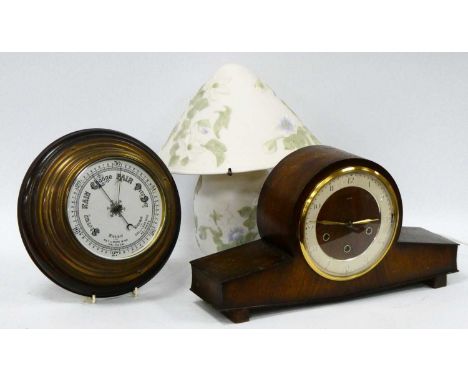 Oak Framed Circular Wall Barometer, 27cm diameter, Smiths mantle clock, ceramic table lamp.