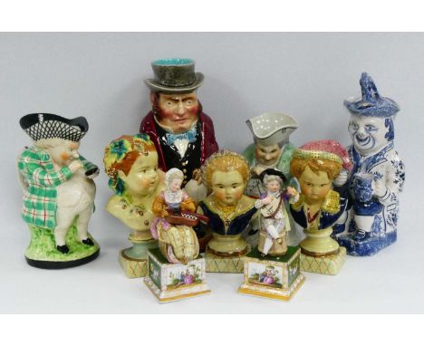 A Pair of Dresden Porcelain Figures of Musicians (damaged), two XIX Century Toby jugs, French and Sarreguemines Toby jugs, mo