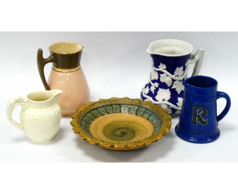 Macintyre Pottery Jug, in salmon pink and brown, 18cm high, Society of Arts prize jug, Wedgwood and Barum 1930 examples. Lodo