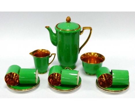 Crown Devon Coffee Service, marked 2136 set of six, decorated in green and gilt, comprising of six coffee cans and saucers, c