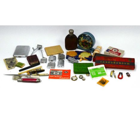 Vintage Ronson Lighters, cigarette cases, Westlox alarm clock, Richards pen knife, etc:- One Tray.