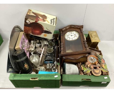 Stainless Tea Service, pewter mug, cuckoo clock, wall clock, Two Boxes.
