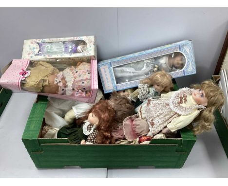 XIX Century Porcelain Head Doll, (dam), other porcelain head dolls, etc:- One Box.