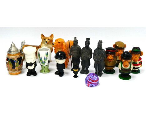 Spanish PG Tips Plastic Monkeys (4), pottery Homepride figure (2) and Hong Kong miniature, art deco vase, pottery dogs, Chine
