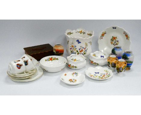 Aynsley Cottage Garden Trinkets, Noritake miniature vases, inlaid wooden cigarette box, commemorative teaware:- One Tray.