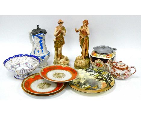Pair of Royal Dux Figurines (damages), Charles Meigh hot water jug, Noritake and other ceramics:- One Tray.