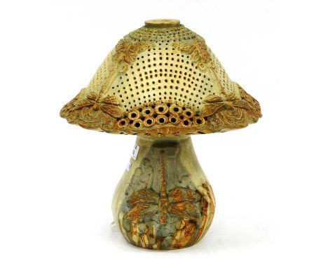 Bernard Rooke Stoneware pottery Table Lamp, with matching shade, decorated with dragonflies, stamped B.R, approximately 31cm 