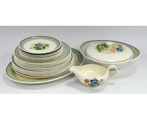 Susie Cooper Blue Gentian Green Band Dinner Ware of twenty-two pieces, including a tureen (3).