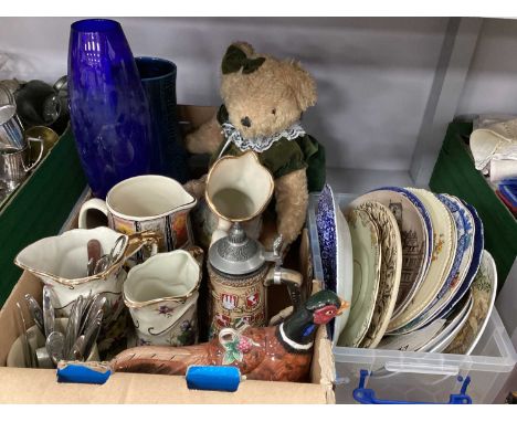 Royal Winton Ironstone Vase, jug and bowl, novelty pheasant teapot, jugs, collectors and other plates, modern teddy bear:- Tw