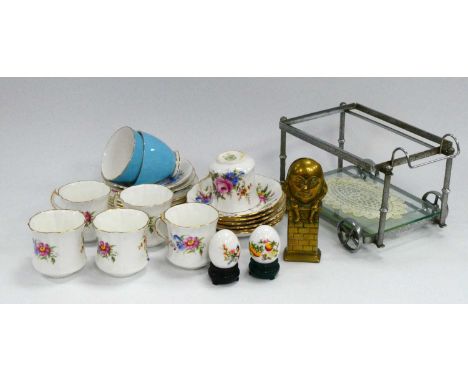Six Hammersley Floral Tea Cups and Saucers, imperial china, chrome tea trolley cake dish, brass Humpty Dumpty money box, etc: