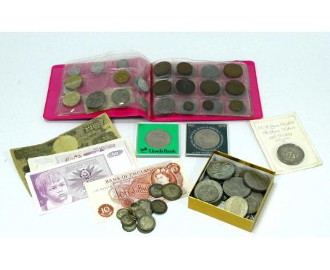 Collection of Coins and Banknotes, including GB pre 1947 silver (65g), commemorative Crowns, Ten Shilling banknote, mixed cir