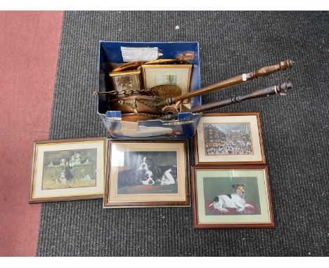 Prints, including George Cunningham, copper warming pans, jug, brass skimmer, fire screen, Knight &amp; Dutch girl companion 