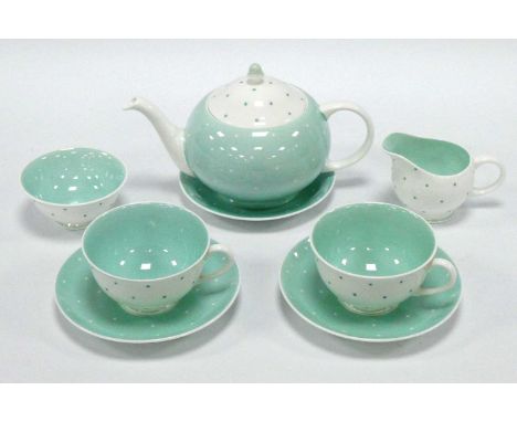 Susie Cooper tea for two set decorated in a teal two tone polka dot pattern comprising of teapot, teacups, saucers, milk and 