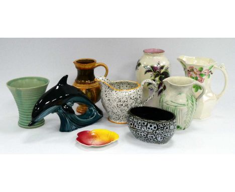 Radford Scraffiato Ware Jug, Poole dolphin, Maling vases, Sylvac planter, etc- One Tray.