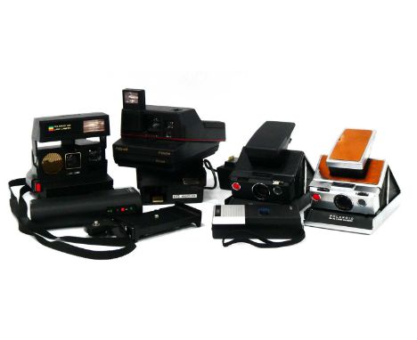 A Polaroid SX-70 Land Camera, with tan covering, a model 2 example, B400 flash, Polaroid 600 impulse cameras.