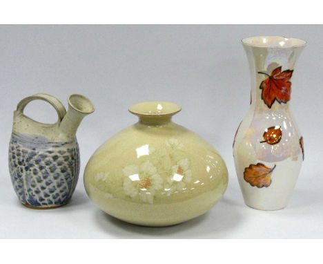 Denby 'Daybreak' Compressed Ovoid Vase, 27cm diameter, Burley Pottery watering can posy, Arthur Wood lustre vase (3).