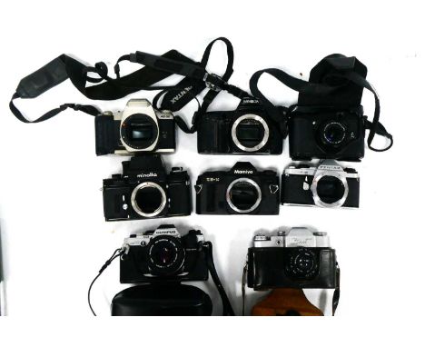 Cameras; Olympus OM10, Zenit, Fujifilm X10, together with five lacking lenses - Mamiya, Minolta (x 2), Pentax (x 1) (8).