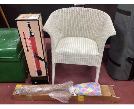 Lloyd Loom Cream Wicker Chair. Tasco 30 x 90 x 60mm telescope. Race and Country shooting stick (3).