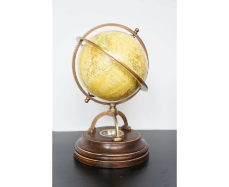 Globe on wooden stand &amp; compass 