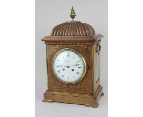 A late 19th/early 20th century brass inlaid mantle clock with 14cm circular white dial marked D Todd &amp; Son, movement stri