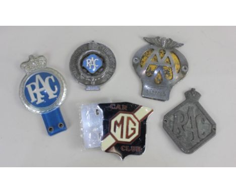 Three RAC Royal Automobile Association car badges an AA badge and an MG Car Club badge