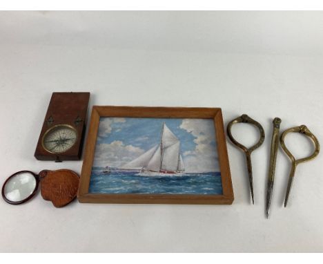 Two pairs of brass nautical dividers one by W &amp; HC, another pair of navigational tools, a compass in square wooden case, 