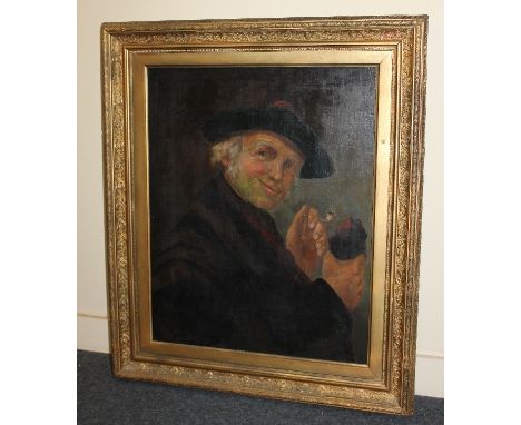 Manner of Henrie Pitcher, portrait of a gentleman wearing a tam-o-shanter, smoking a pipe, oil, unsigned, 62cm by 49cm