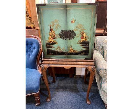 A mid-20th century chinoiserie green lacquered cocktail cabinet rectangular metal mounted top with twin doors and sides decor