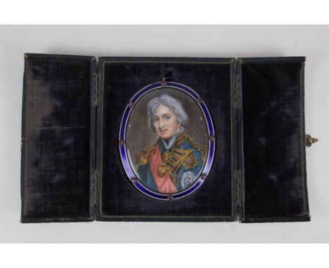 After Hoppner, a 19th century enamelled framed portrait miniature of Viscount Lord Nelson, the front framed in dark blue and 