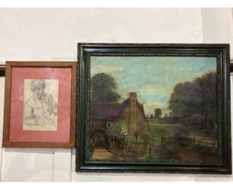 19th / early 20th century school, naive landscape with cottage and garden, oil, unsigned, 44cm by 54cm, together with C Howar