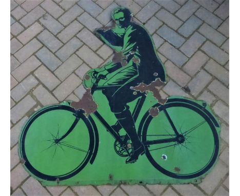 A RALEIGH ENAMEL ADVERTISING SIGN. A single-sided two-colour sign, the rider's hand missing, with some enamel loss and chippi