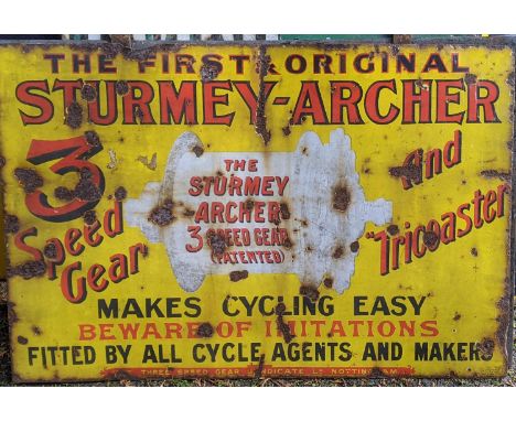 A STURMEY-ARCHER ENAMEL SIGN  advertising their three-speed and Tricoaster hubs, with much rusting to the edges, chipping, bu