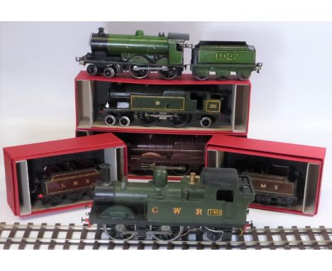 HORNBY 'O' GAUGE. A clockwork GWR Tank Engine, A 20-volt Royal Scott, two LMS tenders, each in red modern boxes. Also, an ear