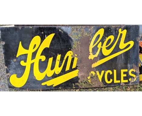 A HUMBER ADVERTISING SIGN,  single sided, with much missing enamel and rusting, 23 x 49-inches. Together with the top half of