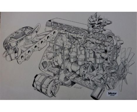 LAWRENCE WATTS - TRIUMPH 2600.  An original technical cutaway of the six-cylinder engine, 1977, drawn on card for The Motor, 