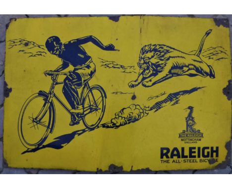 A RALEIGH ENAMEL SIGN. A two-colour pictorial sign showing a bicycle rider pursued by a lion. Some edge chipping. 24 x 36-inc