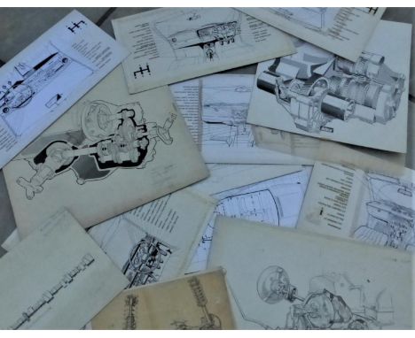 A SELECTION OF TECHNICAL DRAWINGS to include copies of drive chain cutaways, seating arrangements and measurements, dashboard