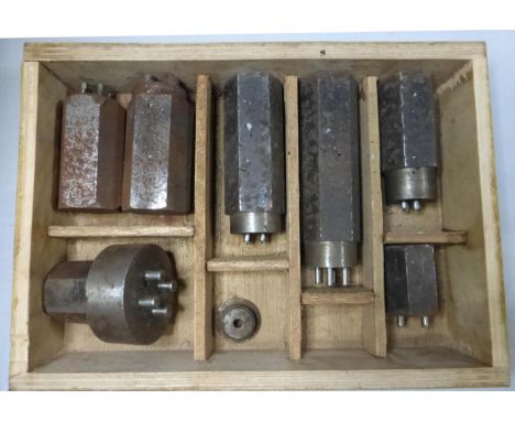 CORE PLUG SPANNERS. Housed in a lidded wooden box, seven tools in a partitioned box. 