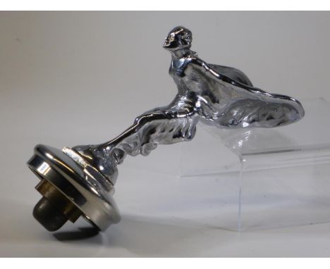 A ROLLS-ROYCE MASCOT.  chromium-plated on an original pressure cap, a poorly defined socle, light inscriptions under each win